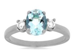 14K White Gold Oval Blue Aquamarine 3 Stone Diamond Ring