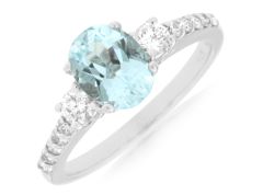 14K White Gold Oval Blue Aquamarine and Diamond Ring