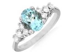 14K White Gold Oval Aquamarine Diamond Ring