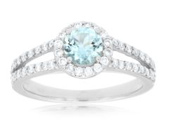 14K White Gold Round Aquamarine Halo Diamond Ring