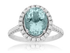 14K White Gold Round Aquamarine Halo Diamond Ring