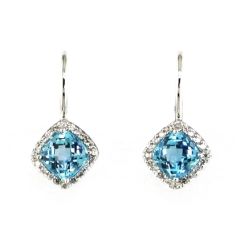 14k White Gold halo Blue Topaz and Diamond earrings