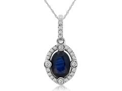 14K White Gold Oval Sapphire Diamond Halo Pendant Necklace 