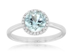 14K White Gold Round Blue Aquamarine Diamond Halo Ring  