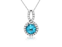 14K White Gold Round Blue Topaz Diamond Halo Pendant Necklace 