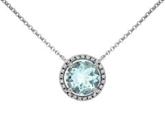 14k White Gold Aquamarine and Diamond Halo Necklace wc6135q