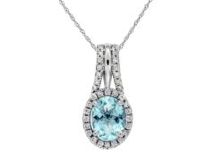 14K White Gold Oval Blue Aquamarine and Diamond Halo Pendant Necklace