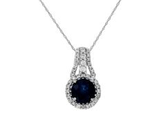 14K White Gold Round Sapphire and Diamond Halo Pendant Necklace 