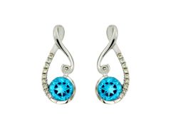 14k White Gold Round Blue Topaz and Diamond Dangle Earrings wc6766b