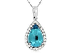 14K White gold blue topaz pear shape cabochon diamond halo pendant necklace 