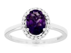 14K White Gold Oval Amethyst with Diamond Halo Ring 