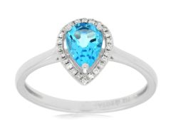 14k White Gold Pear Shape Blue Topaz and Diamond Halo Ring wc7393b