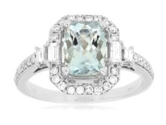 14K White Gold Emerald Cut Aquamarine with Halo Emerald Diamond Ring
