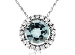 14K White Gold Round Aquamarine Diamond Halo Pendant Necklace 