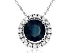 14K White Gold Round Sapphire Diamond Halo Pendant Necklace 