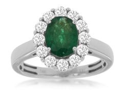 14K White Gold Oval Emerald with a Round Diamond Halo Ring 