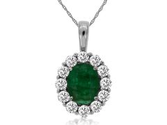 14K White Gold Oval Emerald with Diamond Halo Pendant Necklace 