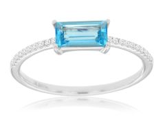 14K White Gold Emerald Cut Blue Topaz Diamond Ring 