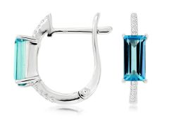 14K White Gold Emerald Cut Blue Topaz Diamond Hoop Earrings 
