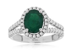 14K White Gold Oval Emerald and Diamond Halo Ring 