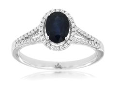 14K White Gold Oval Sapphire with a Diamond Halo Ring 