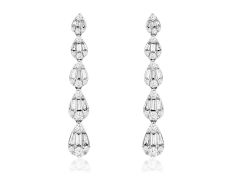 14K White Gold Round and Bagette Diamond Drop Earrings