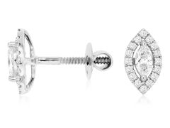 14K White Gold Oval and Round Diamond with Marquise Halo Cluster Stud Earrings