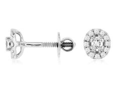14K White Gold Oval and Round Diamond Halo Cluster Stud Earrings
