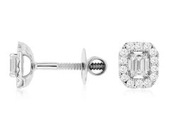 14K White Gold Emerald Cut Diamond with Round Diamond Halo Stud Earrings