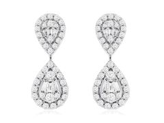 14K White Gold Baguette and Round Diamond Halo Drop Fancy Earrings 