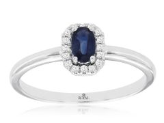 14K White Gold Oval Sapphire with Round Diamond Halo Ring 
