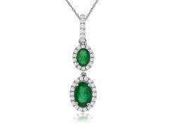 14k White Gold .66ctw Emerald .14ctw Diamond Pendant Necklace