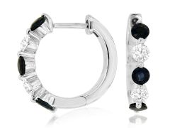 14k White Gold Round Sapphires and Diamond Hoop Earrings 
