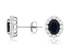 14k White Gold Oval Sapphire with Diamond Halo Stud Earrings 
