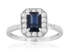 14K White Gold Emerald Cut Sapphire with Round Diamonds Halo Ring 