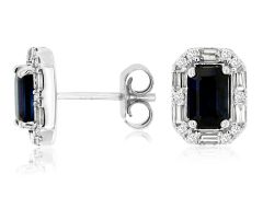 14K White Gold Emerald Cut Sapphire with Baguette/Diamond Halo Stud Earrings