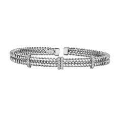 14Kt White Gold 8mm Shiny 0.14Ct 1/2 Pointer Facet Ed Round Diamond 3 Barrel Element On 2 Row Wire Textured Fancy Flexible Cuff Type Bangle WN3793