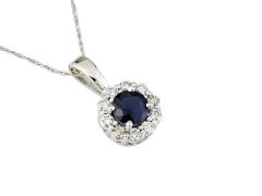 14K White Gold Round Sapphire with Round Diamond Halo Pendant Necklace 